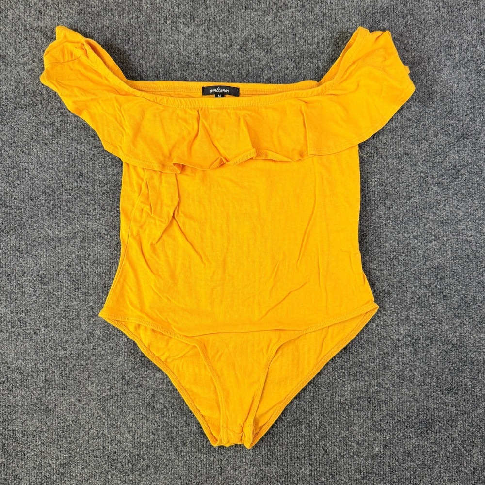 Ambiance Bodysuit Womens Medium Mustard Yellow‎ Ruffle Off The Shoulder